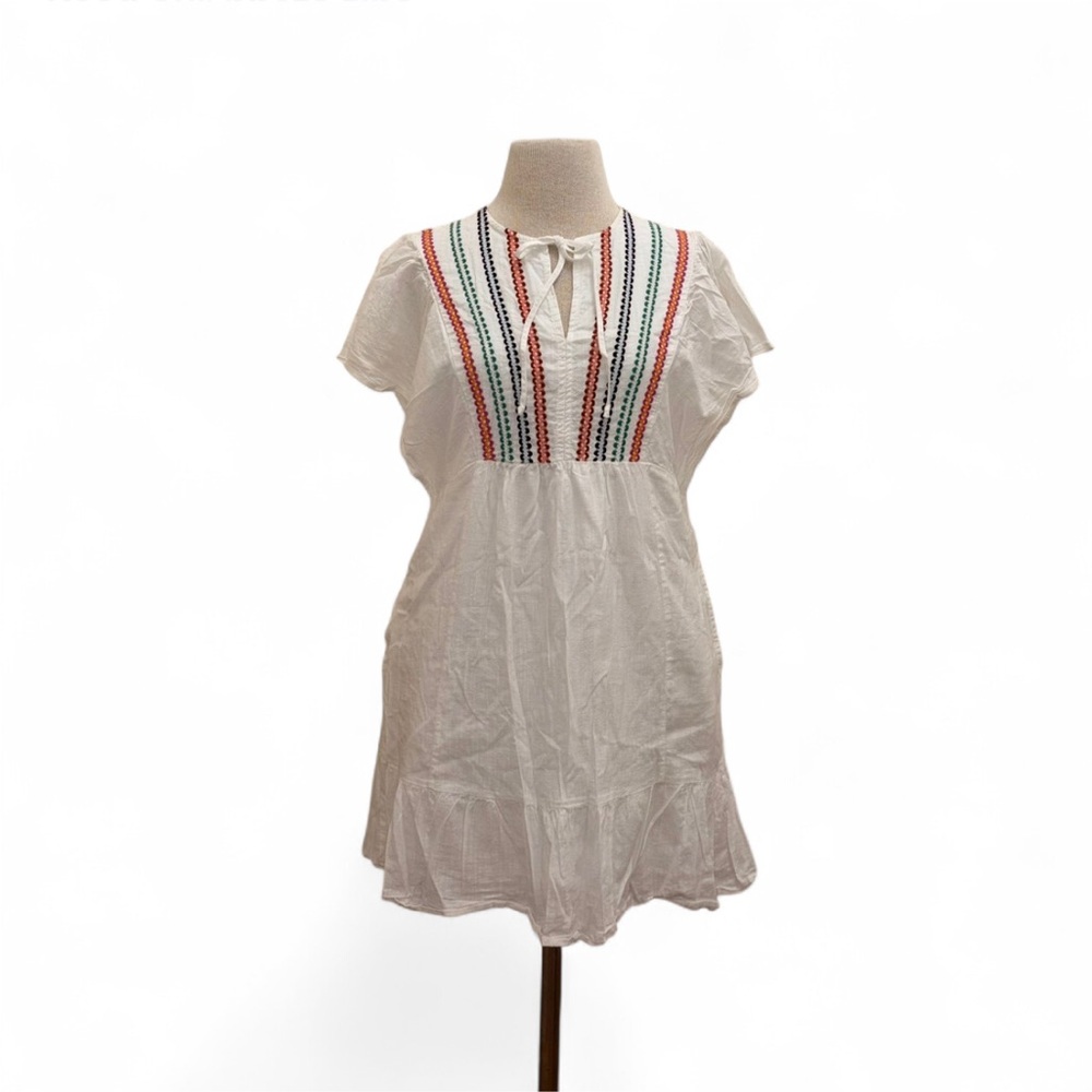 Knox Rose White Mini Tie Neck Cotton Blend Boho Peasant Sun Dress Size Medium - Picture 1 of 10